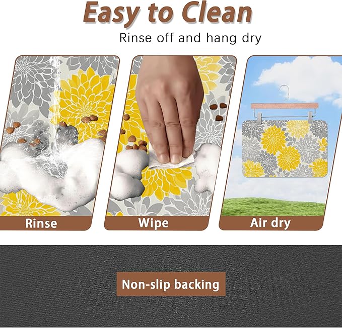 Dahlia Dog Cat Food Mat,Gray Yellow Flower Absorbent Pet Feeding Mat with Rubber Backing,Non-Slip Water Bowl Placemat,Indoor Pet Accessories Supplies 16"x24"
