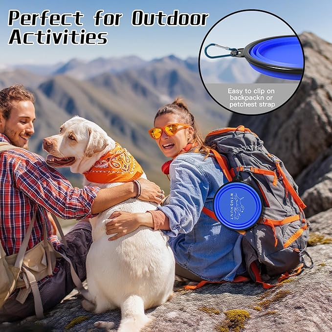 2-Pack Collapsible Dog Bowls, Portable Travel Pet Bowl with Carabiner – Foldable Silicone Feeding Dish for Dogs and Cats On-The-Go (Black + Blue)
