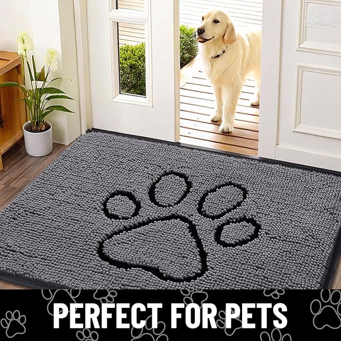 Smiry Dog Door Mat for Muddy Paws, Absorbent Dirt Trapper Non Slip Quick Dry Washable Chenille Mat for Mud Dogs, Entry Rug for Indoor and Outdoor (59x35 Inches, Dark Grey and Black)