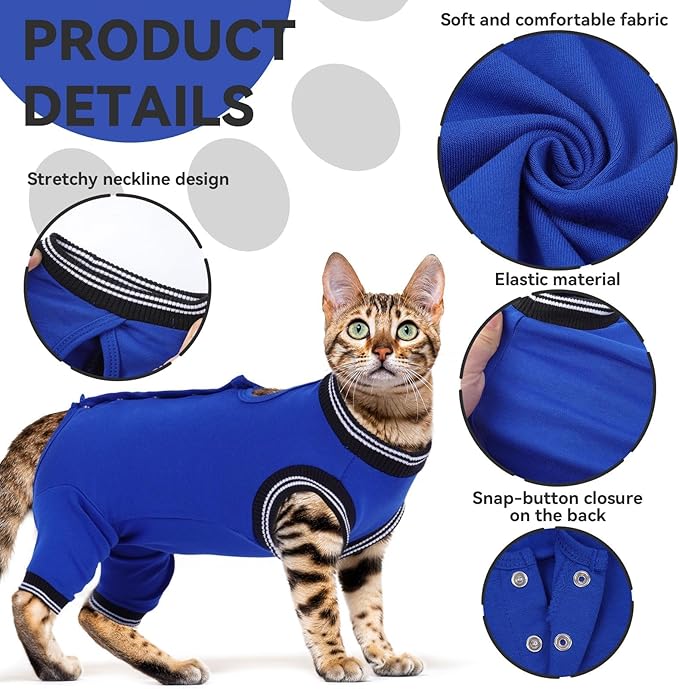 T'CHAQUE Cat Surgery Recovery Suit for Female Male, Cat Onesie Pet Surgical Pajamas Hind Legs Long Sleeve, Abdominal Wound Skin Diseases, E-Collar Alternative, Spay/Neuter Recovery Suit, RoyalBlue-S