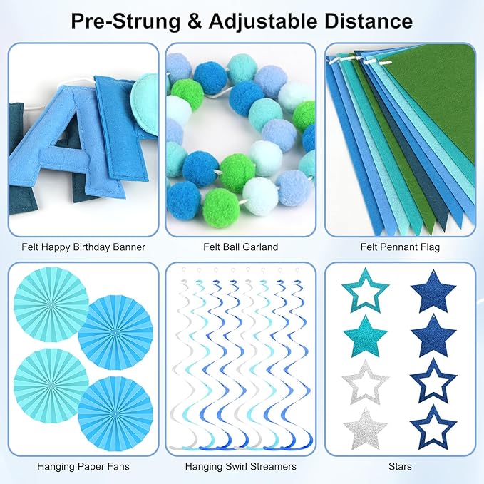 Pre-Strung 3D Felt Happy Birthday Banner, Reusable Blue Birthday Party Decorations for Men, Happy Birthday Sign with Felt Ball Garland, Pennant Flag, Hanging Paper Fans, Star Swirl Streamers