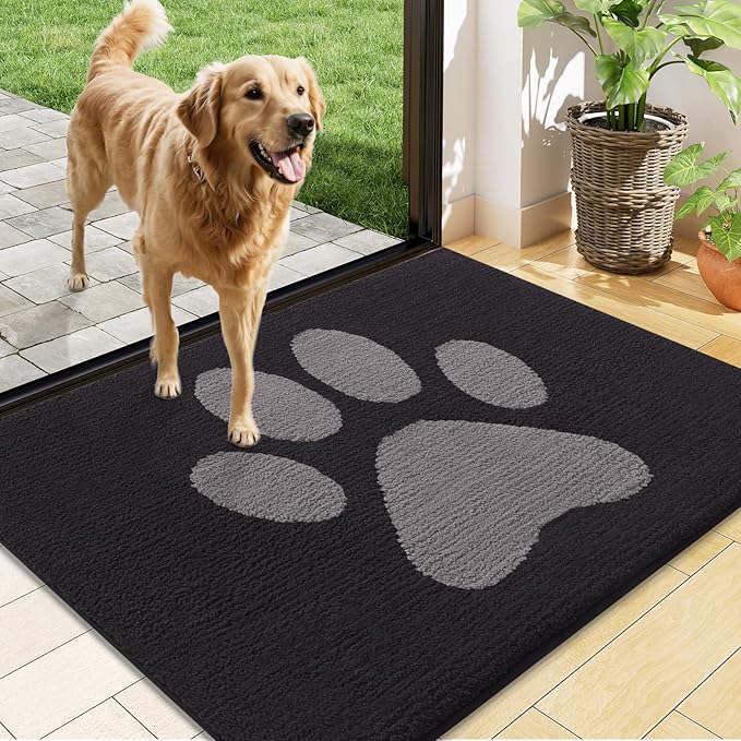 Buganda Dog Door Mat for Muddy Paws, Absorbent Dirt Trapper Non Slip Indoor Doormats, Washable Low-Profile Mat for Mud Dogs, Entryway Carpet for Inside Floor (48x30 Inches, Black and Grey)