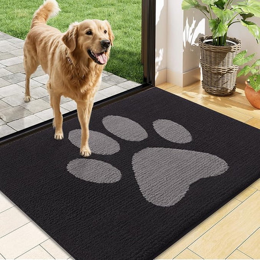 Buganda Dog Door Mat for Muddy Paws, Absorbent Dirt Trapper Non Slip Indoor Doormats, Washable Low-Profile Mat for Mud Dogs, Entryway Carpet for Inside Floor (48x30 Inches, Black and Grey)