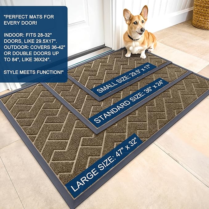OLANLY Front Door Mat Indoor Outdoor Entrance, Waterproof All-Season, All-Weather Doormat, Sturdy Natural Rubber, Low Profile, Easy Clean Patio Porch Entryway Mat, Herringbone Brick (Brown, 35x23)
