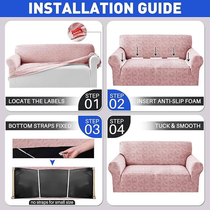 YEMYHOM 1 Piece Stretch Couch Covers for 2 Cushion Couch, Jacquard Loveseat Cover with Non-Slip Elastic Bottom, Thickened Slipcover Furniture Protector for Dogs Pets (Medium, Pink）