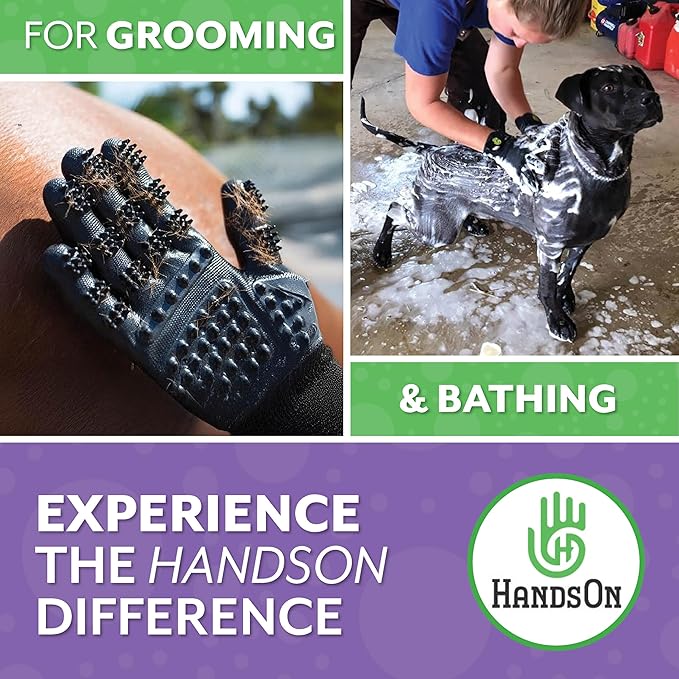 HandsOn Pet Grooming Gloves - #1 Ranked, Award Winning Shedding, Bathing, & Hair Remover Gloves for Cats, Dogs, and Horses (Green / Black, Large)