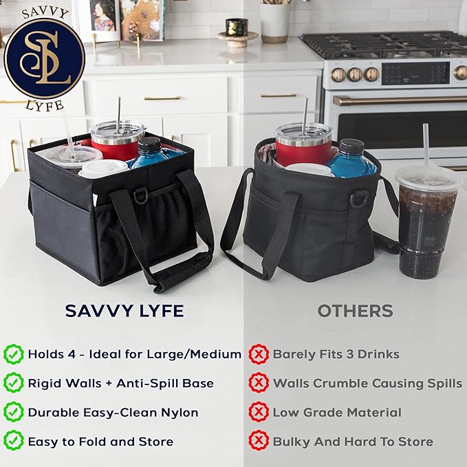 Reusable Drink Carrier with Handle – Tip-Resistant 4 Cup Carrier with Shoulder Strap for Delivery – Insulated, Foldable, Adjustable Dividers – Portable Caddy Tote Bag, Drink Holder for Car