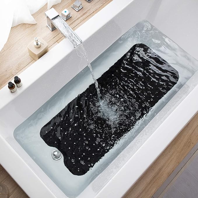 Bathtub Mats for Shower Tub, Extra Long Non-Slip 39 x 16 Inch Bath Mat with Drain Holes and Suction Cups, BathMat for Bathroom with Machine Washable (Opaque Black)