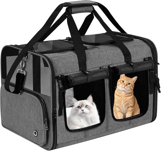 Cat Carrier for 2 Cats, Foldable Double Cat and Dog Carrier, Small to Medium Size, 2 Front Zippered Compartments,Two Pets Carrier for Travel,Mulitple Cat Carrier (Dark Gray with Flat Pocket)