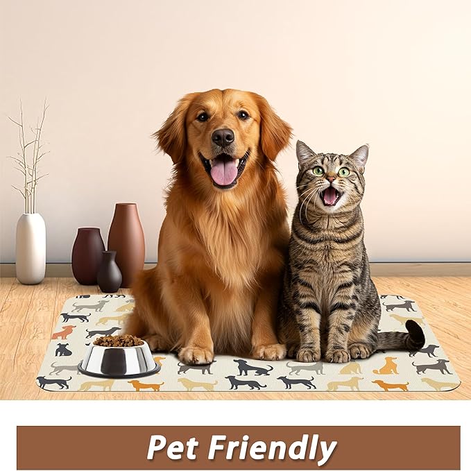 Cute Dog Cat Food Mat,Color Silhouette Absorbent Pet Feeding Mat with Rubber Backing,Non-Slip Water Bowl Placemat,Indoor Pet Accessories Supplies 12"x20"