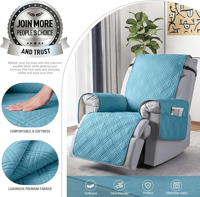 TAOCOCO 100% Waterproof Recliner Chair Covers, Non Slip Recliner Covers for Recliner Chair with Pocket, Washable Reclining Chair Cover Furniture Protector for Kids,Dogs(25'', Sky Blue)