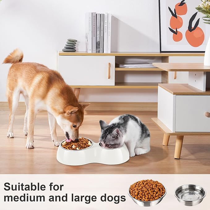 PetVillage Double Dog Bowls Set – Non-Slip Pet Food & Water Dishes with Resin Stand, Includes Small (1 Cup) & Medium (2 Cups) Bowls – Ideal for Puppies and Cats – White
