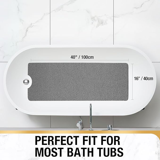 HITSLAM Non Slip Bathtub Mat 40 x 16 Inch, Extra Long Bath Mat for Tub, Soft PVC Loofah Shower Floor Mat with Drain, Quick Drying Bathroom Tub Mat for Wet Area, Without Suction Cup, Grey