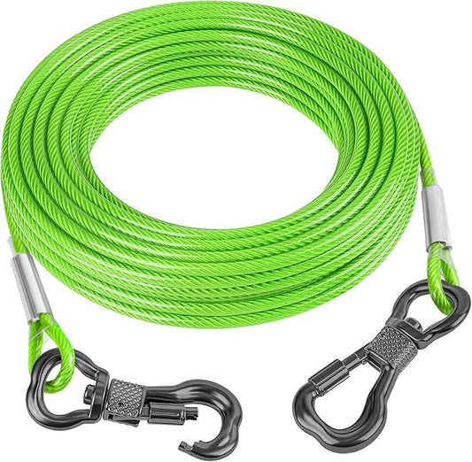 Tresbro 20FT Reflective Tie Out Cable for Dogs Up to 250 Pounds, Steel Wire Dog Leash Cable with Stainless Rotatable Buckle, Lightweight and Enduring, Dog Chains Outside for Outdoor Yard, Green