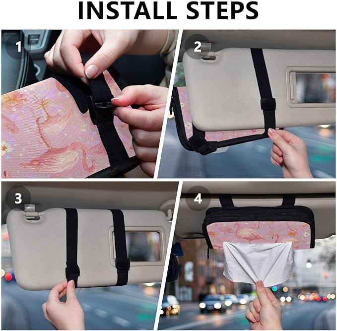 Car Tissue Holder Car Napkin Holder Car Tissue Box Dispenser Storage Case Sun Visor Mask Holder with Adjustable Straps Reusable Refillable Pink Gradient Flamingo and Petals