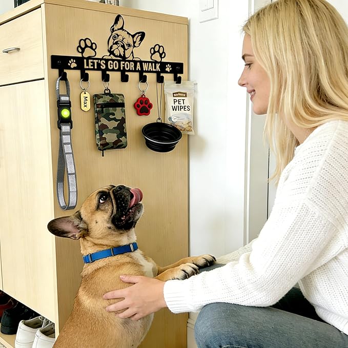 French Bulldog Leash Holder for Wall, Entryway Key Rack, Wall Key Holder & Key Hanger, Black Dog Leash Hooks for Front Door, French Bulldog Decor Accessories Gift, Dog Storage