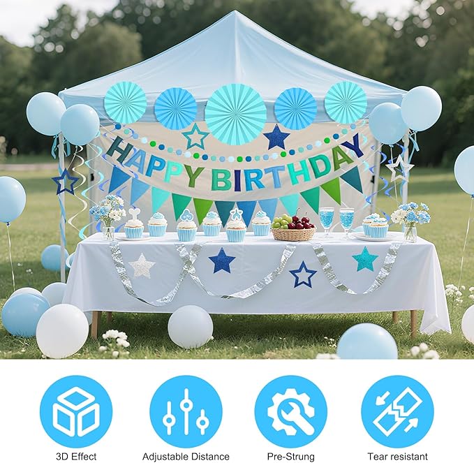Pre-Strung 3D Felt Happy Birthday Banner, Reusable Blue Birthday Party Decorations for Men, Happy Birthday Sign with Felt Ball Garland, Pennant Flag, Hanging Paper Fans, Star Swirl Streamers