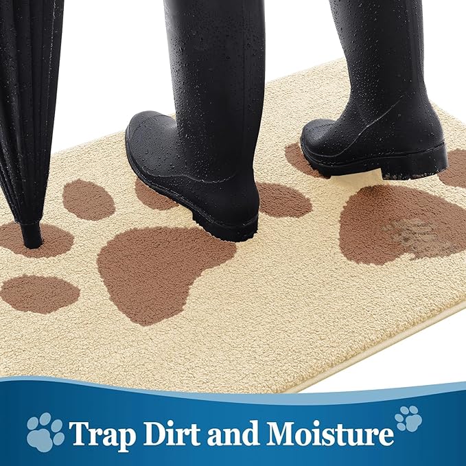 Buganda Dog Door Mat for Muddy Paws, Absorbent Dirt Trapper Washable Indoor Doormats, Non Slip Low-Profile Mud Mat for Dogs, Front Entrance Doormat for Inside Floor (48x30 Inches, Light Beige)