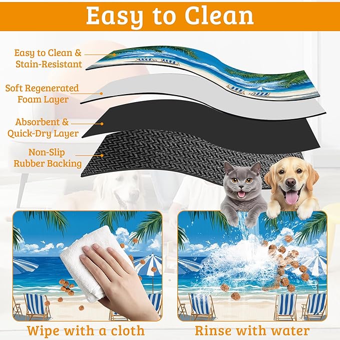 Pet Feeding Mat,Sea Beach Absorbent Dog Cat Food Mat Palm Tree Dog Mat with Rubber Backing,Non-Slip Water Bowl Placemat,Pet Supplies 12" x 20"
