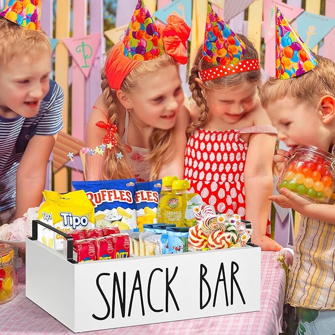 Snack Organizer for Countertop, Wood Pantry Storage Bins with Handles, Snack Bar Organizer for Pantry Shelf, Kitchen, 4 Compartment Food Container Snack Box, Pantry Organizer for Snacks, Chips(White)