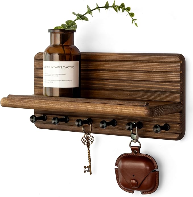 Rebee Vision Farmhouse Key Holder Wall Mount for Home Decor – Decorative Pine Wooden Key Holder for Wall with 6 Hooks & Floating Shelf - Rustic Charm for Room Decor Aesthetic (Brown)