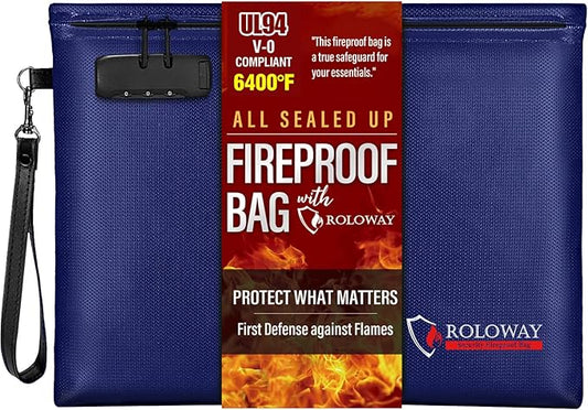 ROLOWAY Fireproof Document Bag (14.5 x 11.5 inch), 6400℉ Fireproof Money Bag with Zipper for Cash, Fire Safe Money Pouch with Lock (Blue)