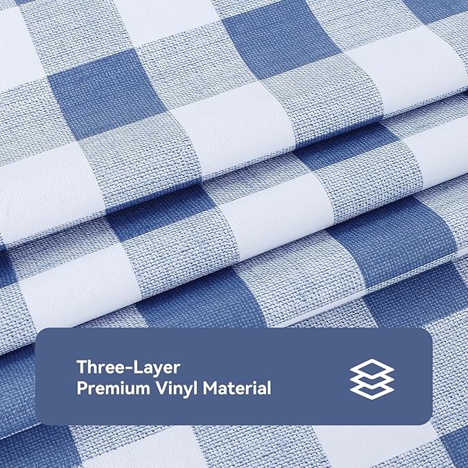 Romanstile Gingham Rectangle Plastic Tablecloth, 100% Waterproof Checkered PVC Table Cloth, Heavy Duty Vinyl Table Cover for Dining, Camping, Picnic, Outdoor - 54 x 120 Inch, Light Blue and White