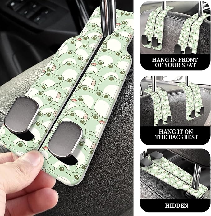 PU Leather Car Seat Hook, Storage Headrest Hanger, Cute Car Backseat Organizer, Car Hooks For Purses and Bags Green Frog Pattern