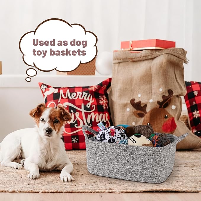 OIASKET Basket for Gifts Empty, Woven Storage Basket with Gift Bag, Ribbon and Wrap Tissue Paper, Small Rope Toy Storage with Handles for Baby Shower, Dog Toy Organizer, 13.6" x 10" x 5.9”, Gray