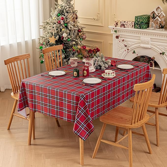 Romanstile Christmas Plaid Rectangle Vinyl Tablecloth, 100% Waterproof Checkered PVC Table Cloth, Heavy Duty Xmas Gingham Plastic Table Cover for Dining, Party, Holiday Decor - 54 x 108 Inch, Red