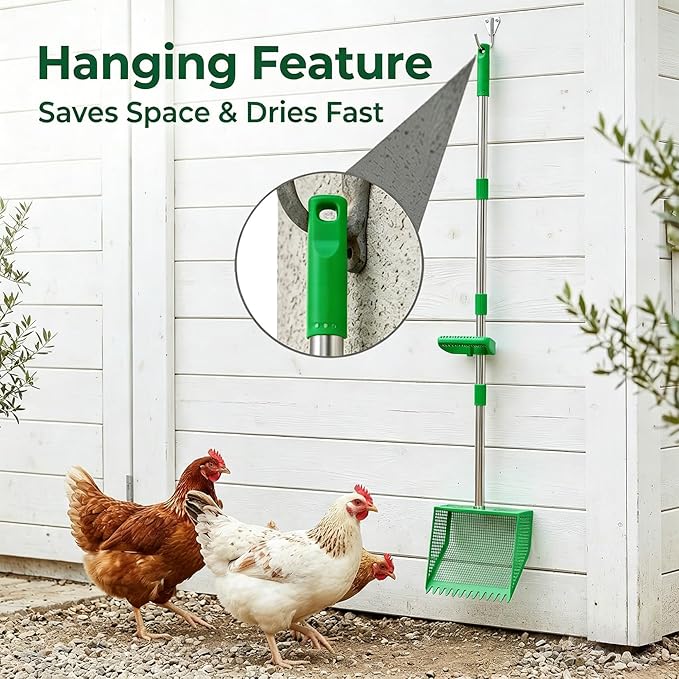 TOOGE Large Chicken Poop Scooper: 2-in-1 Metal Pooper Scooper & Rake Adjustable 62" Long Handle Stainless Steel Sand Sifting Litter Shovel Chicken Coop Scoop Cleaning Tool for Goat Farm Yard Green