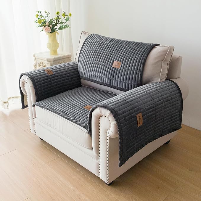 PJLZJFBY Couch Covers for Dogs, Velvet Dog Couch Cover, Pet Couchs Covers for Backrest & Armrest, Couchs Protector for Dogs, Sofa Cover for Pets Washable(1PC,Dark Grey,27.5"×27.5",Single Seater)