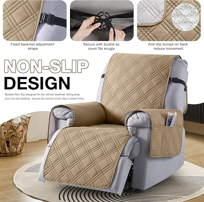 TAOCOCO 100% Waterproof Recliner Chair Covers, Non Slip Recliner Covers for Recliner Chair with Pocket, Washable Reclining Chair Cover Furniture Protector for Kids,Dogs(25'', Camel)