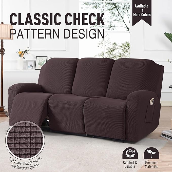 TAOCOCO Recliner Couch Covers for 3 Seat, 8-Pieces Stretch Large Couch Covers for 3 Seats Reclining Slipcovers Soft Jacquard Pattern Furniture Protector, Chocolate