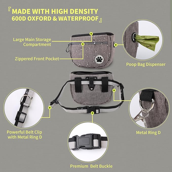 Large 6 Cup Dog Treat Pouch with Clicker,Treat Pouches for Pet Training,Crossover Self-Closing Bag,Built-in Poop Bag Dispenser, 46“ Free Hand Waist Belt for Walks/Oxford Fabric/double pocket(Blue)