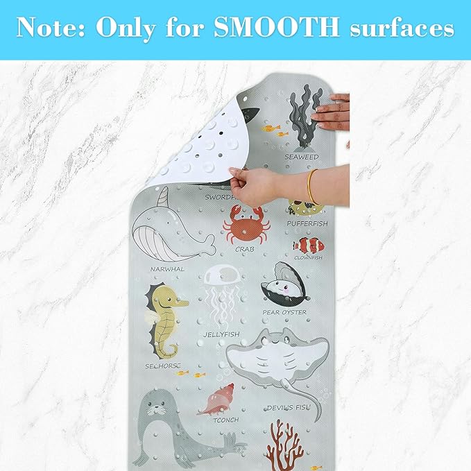 Bath Mat for Tub Non Slip, Machine Washable Anti-Slip Cartoon Baby Bathtub Shower Mat with Drain Holes and Suction Cups for Toddler & Kids, 40 Inch x 16 Inch, Greige Sea Animals