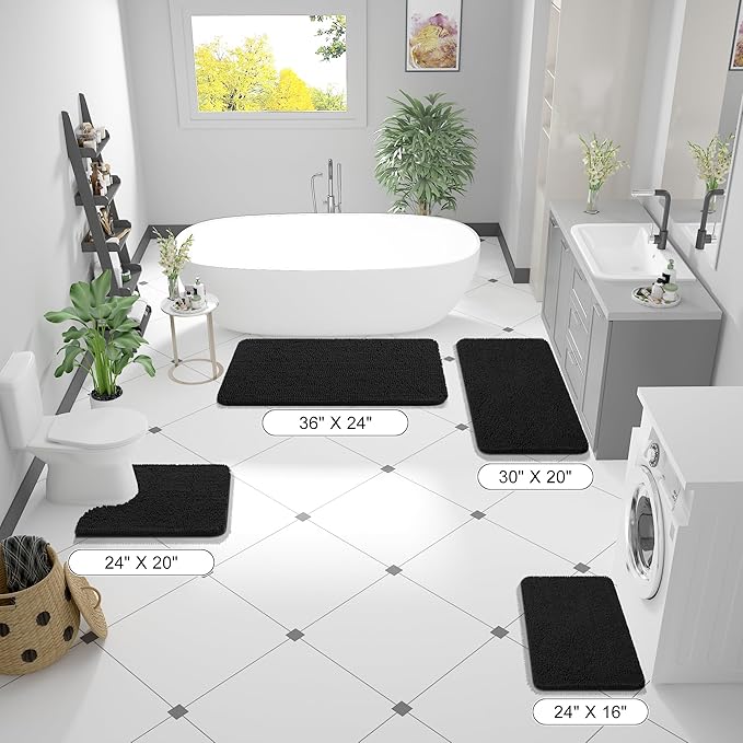 OLANLY Bathroom Rugs 70x24, Extra Soft Absorbent Chenille Bath Rugs, Rubber Backing Quick Dry, Machine Washable Bath Mats for Bathroom Floor, Tub and Shower, Home Decor Accessories, Black