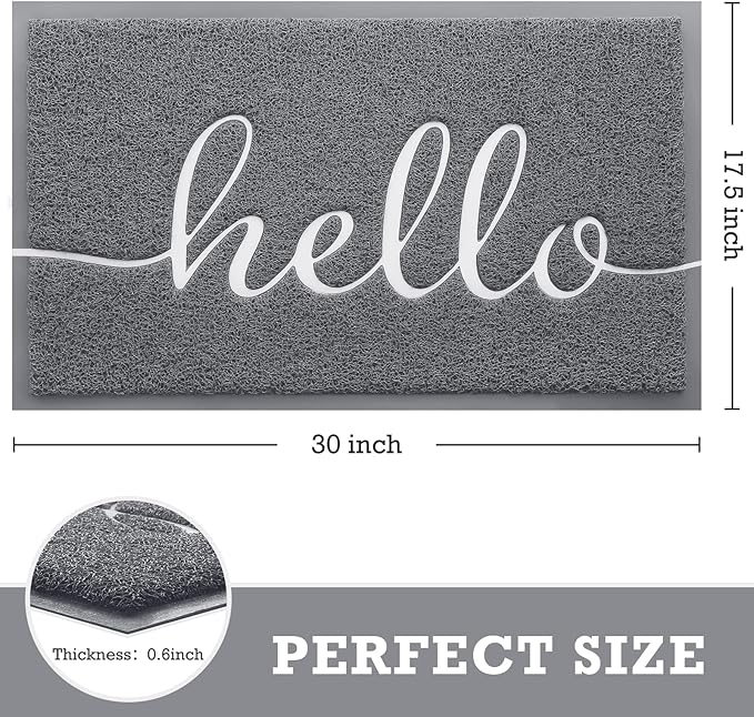 Door Mat Hello Mats Outdoor Indoor Non-Slip Doormat for Entryway Low-Profile Floor Mat for Yard, Garage, High Traffic Areas (30"x17.5", Grey)