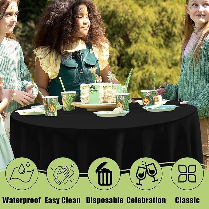 Smiry Disposable Table Cloth 12 Pack, 84 Inch Round Waterproof Plastic Tablecloth, Decorative Rectangle Table Covers for Party, Birthday, Picnic, Black