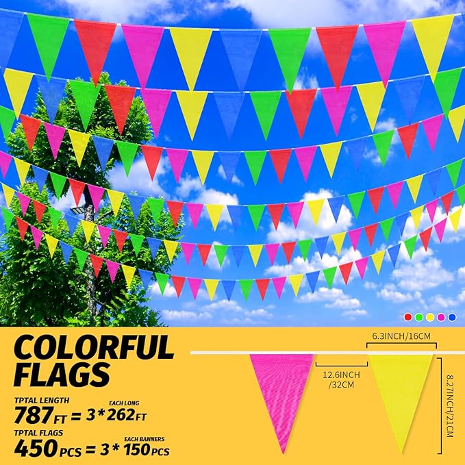 450 Pcs 787Ft Durable Nylon Pennant Banner Flags Rainbow Garland Bunting for Weddings, Easter, Birthdays, Back-to-School Safty Warning & Outdoor Party Decor, Campus Events,Christmas Decor Banners