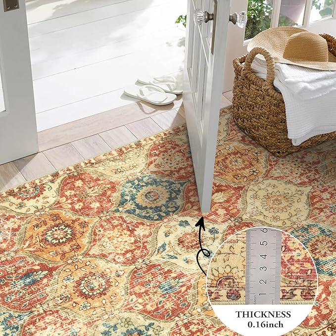 Lahome Moroccan Machine Washable Rugs for Living Room, 4x6 Rug for Bedroom Non-Slip Vintage Trellis Ultra-Thin Throw Carpet for Dining Room Office Nursery Elise, Red/Orange