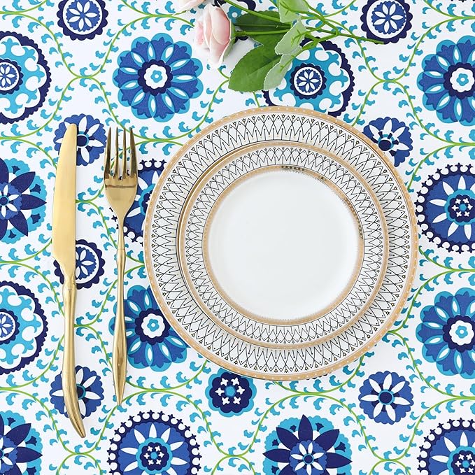 misaya Rectangle Vinyl Tablecloth, Fitted Table Cover, 100% Waterproof, Elastic Edge, Flannel Backing, Table Cloth Fit Folding Tables for Picnic, Outdoor (Navy Mandala, 36x60 inch)