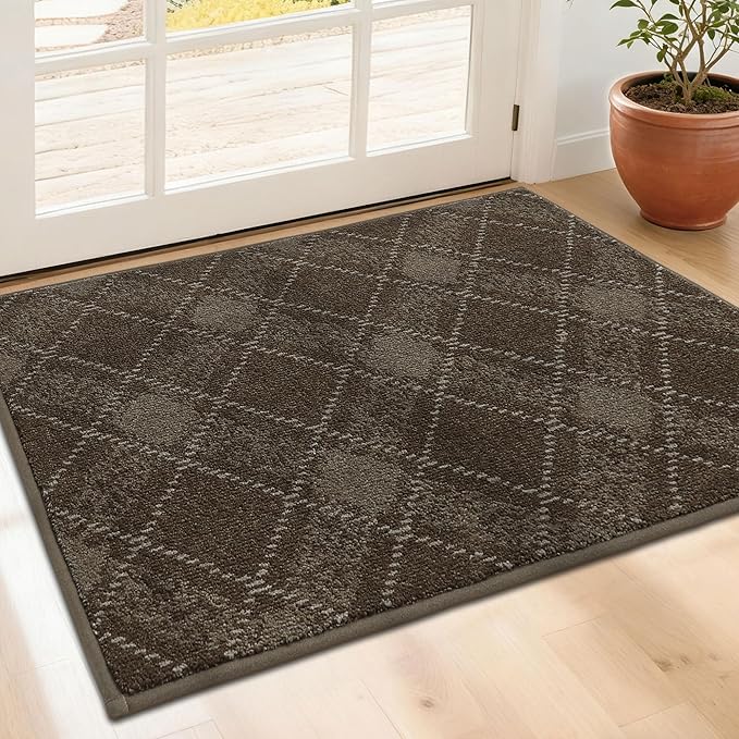 COSY HOMEER Plaid Door Mat 24" x 36",Dirt Trapper Entryway Rugs,Non-Slip Washable Farmhouse Doormat,Low Profile Welcome Mats for Paws Brown