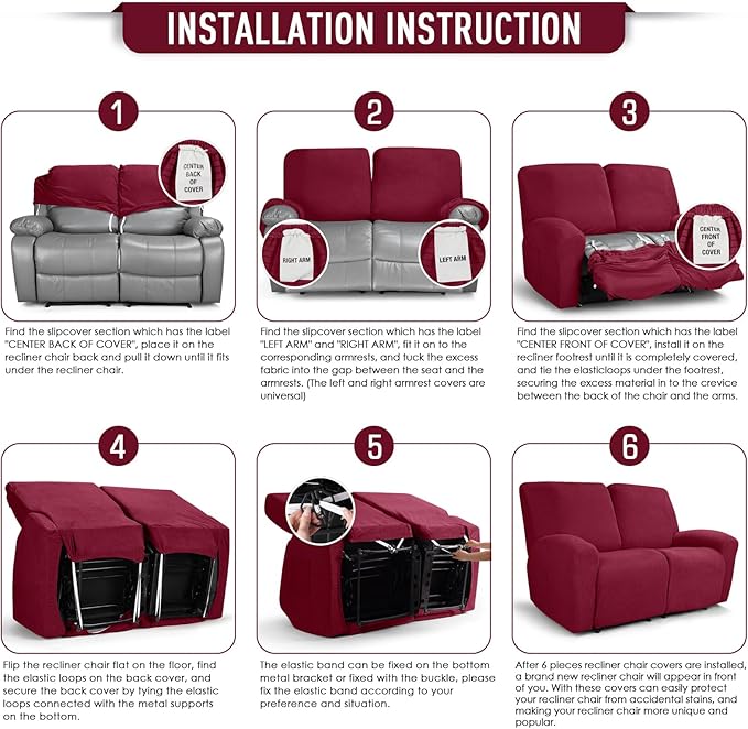 TAOCOCO Recliner Loveseat Slipcover, 6 Pieces Dual Recliner Sofa Covers for 2 Seat Dual Reclining Loveseat Couch, Stretch Soft Jacquard Pattern Furniture Protector with Elasticity (Burgundy)