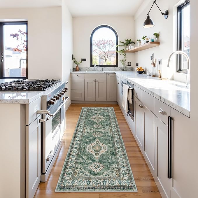 Lahome Oriental Washable Hallway Runner Rug, 2x6 Runners for Hallways Non Slip Ultra-Thin, Vintage Soft Long Carpet for Kitchen Bathroom Bedroom Laundry Room Eleanor, Green/Multi
