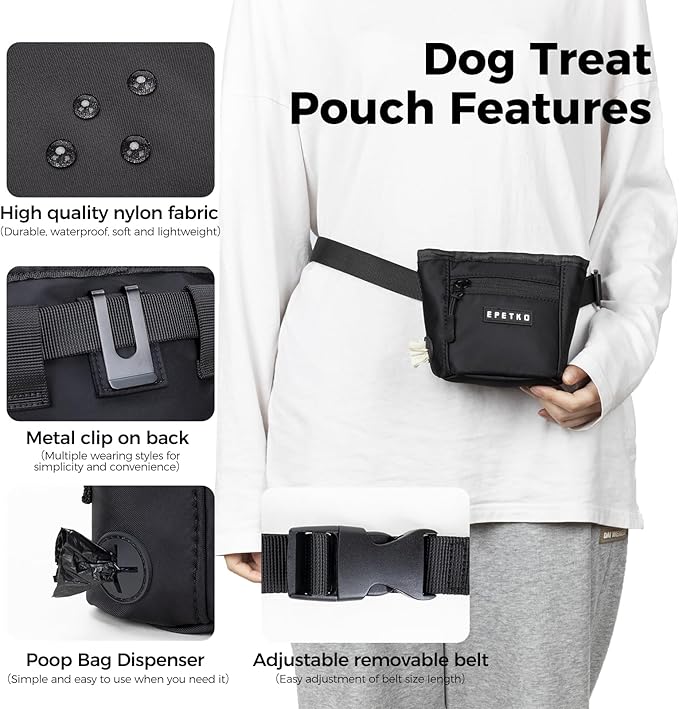 Dog Treat Pouch, Powerful Magnet Closure Device Dog Training Treat Bag Large Capacity Pet Treat Pouch with Poop Bag Dispenser Treat Bag for Dog Training with Metal Waistband Clip (Black)
