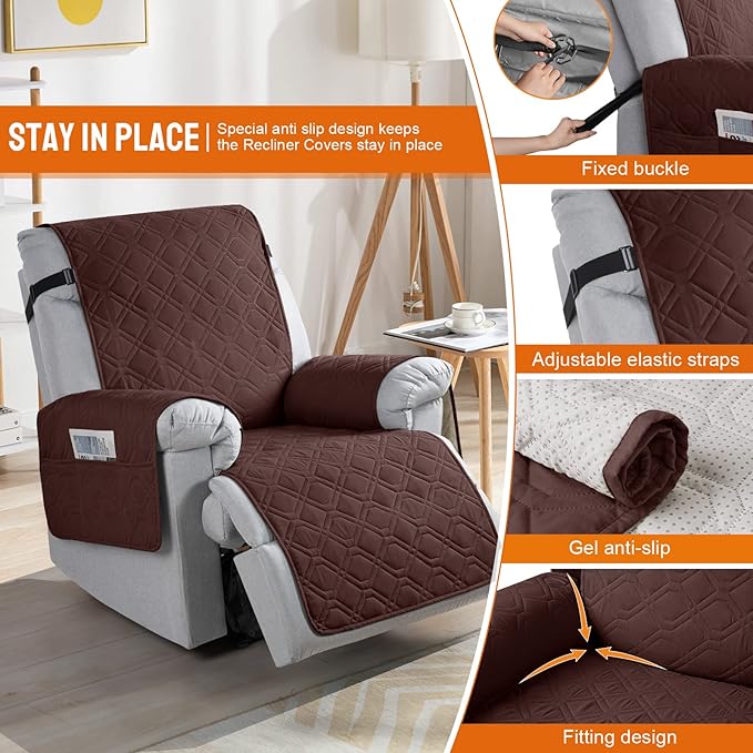 VANSOFY 100% Waterproof Recliner Chair Covers, Recliner Cover Non-Slip Dog Chair Cover Furniture Protector Washable Slipcover with Pocket, Elastic Straps for Pets, Dogs(Coffee, 20")