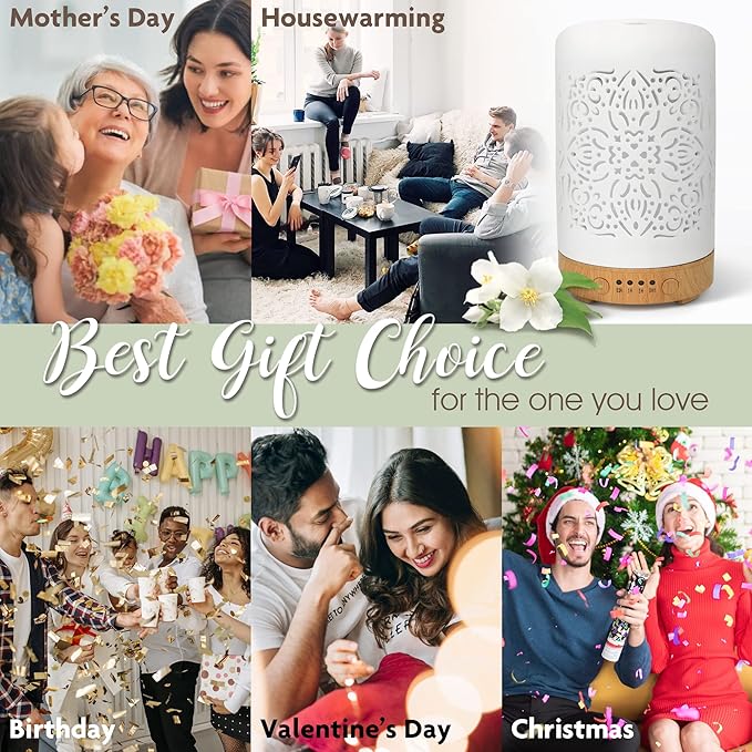 Earnest Living Essential Oil Diffuser Gift Set White Ceramic Diffuser 100 ml & Essential Oil Set Timers Night Lights Auto Off for Women