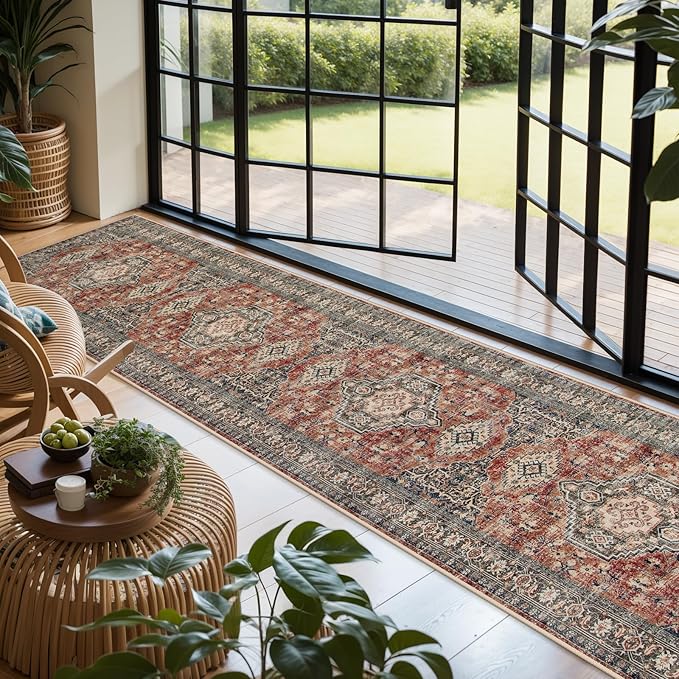 Lahome Oriental Hallway Runner Rug, 2.5x12 Washable Runners for Hallways Kitchen, Soft Distressed Non Shedding Long Carpet for Entryway ‎Laundry Room Eleanor, Brick Red