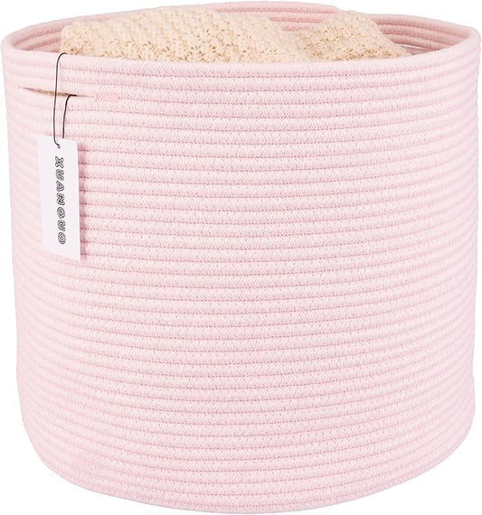 XUANGUO Cotton Rope Basket For Girls Kids 16”X14” Baby Laundry Baskets Nursery Bin Round Woven Basket Organizer For Storage Toys Blankets Shoes Clothes pink